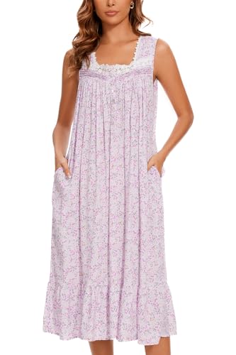Image of AVIIER Cotton Nightgowns for Women Sleeveless House Dress Ladies Long Nightdress with Pockets S-XXL