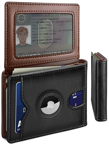 Image of miyozi AirTag Wallet for Men, Slim Leather Bifold with Holder Slot, 2 ID Windows & 13 Card Slots, RFID Blocking Front Pocket Wallet with Gift Box