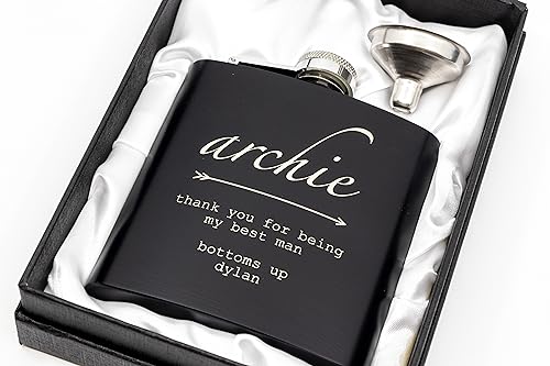 Engraved Hip Flask Gift Set, 6oz, Black/Silver, Personalized Design Options, Funnel Included (Arrow, 6oz Black)