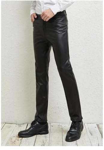 Hndudnff Men Slim Fit Pu Pants Business Casual Small Foot Slim Pants with Pockets2