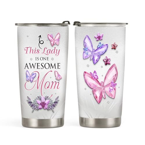 64HYDRO 20oz Jewelry Crystal Flower Butterfly Mom Tumbler, This lady is one Awesome Mom, Grandma, Mother Gifts, Stainless Steel Double Wall Vacuum Insulated Coffee Mug, Travel Cup with Lid