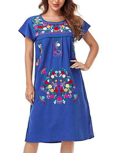 Image of YZXDORWJ Women Mexican Embroidered Long Dress Ruffle Collar Maxi Boho Floral Summer Short Sleeve