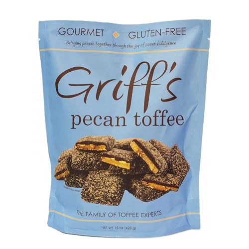 Griff's English Dark Chocolate Toffee, Individual Wrapped Squares, Gluten Free and Family Owned (15 Ounce, Pecan Toffee)
