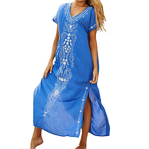Saída de praia feminina com estampa boêmia, manga curta, gola V, fenda lateral, vestido longo, Azul,