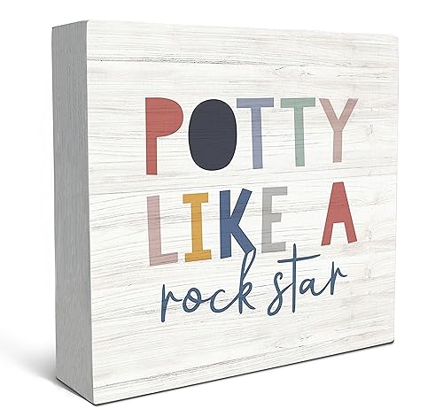 SRADMO Kid's Bathroom Quote Potty Like a Rock Star Wood Box Sign Desk Decor, Funny Bathroom Wooden Block Box Sign Decoration For Children Restroom Toilet Shelf Table Decor