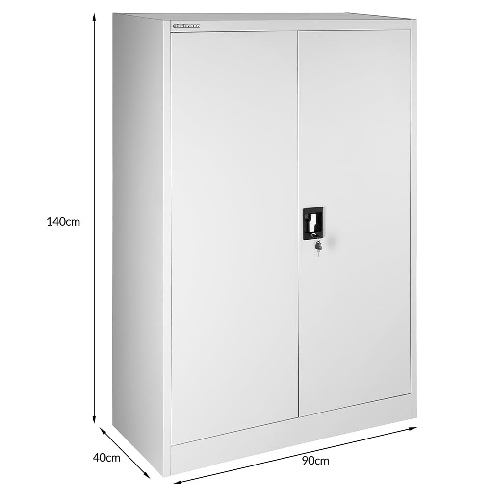Armario de metal para oficina de 2 puertas con cerradura, armario con llaves gris multiusos, ideal para garaje, trabajo, mueble archivador archivador, estudio porta documentos (90 x 40 x 140 cm)