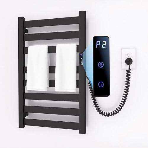 Sawlece Towel Warmers for Bathroom,Space Aluminum Wall Mounted Towel Warmer Rack, Heated Towel Rack for Bathroom,8 Bars Electric Towel Heater with Built-in Timer,Plug-in,Matte Black