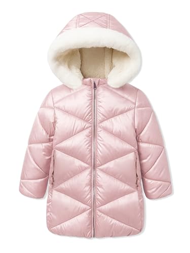 Image of SOLOCOTE Girls Winter Coats Hooded Sherpa Lined Lightweight Jacket Thick Warm Puffy Waterproof Windproof Cotton Shiny Jackets Pink 3-4Y