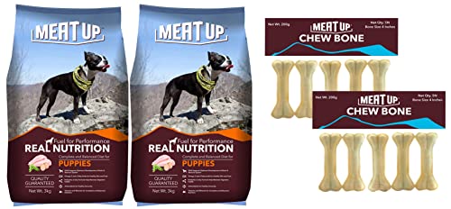 Image of Meat Up Pressed Chew Bones, Dog Treats, 4 inches - Pack of 5 Bones (Buy 1 Get 1 Free)&Puppy Dog Food, 3 kg (Buy 1 Get 1 Free)