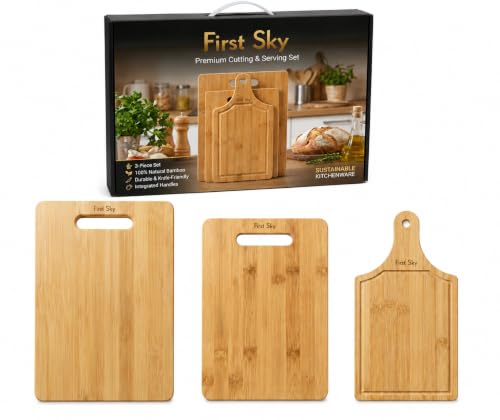 Image of First Sky Bamboo Chopping Board Set of 3 - Premium Natural Bamboo Cutting & Serving Boards,1.5cm Thick for for Meat, Veg & Bread Prep,Sizes 32x25cm, 27x20cm & 32x16.5 cm,Gift Box.