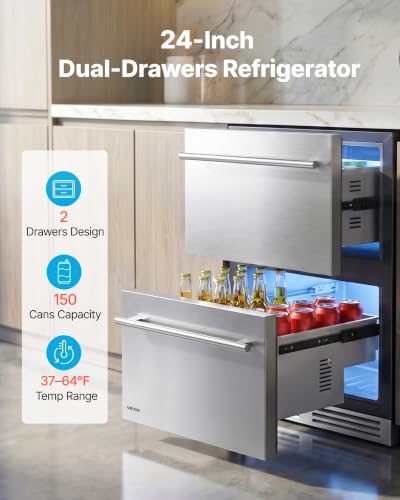 Image of VEVOR Drawer Refrigerator, 24 in Undercounter Beverage Fridge, Large Capacity, Drink Cooler with 304 Stainless Steel Drawers, Temp Control, Powerful Compressor, for Kitchen, Office & Game Room