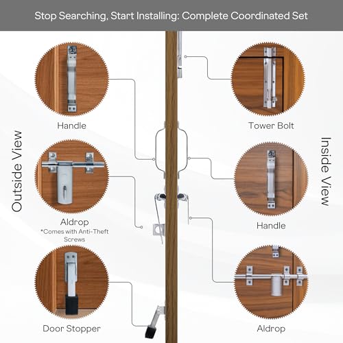 Image of Godrej Door Fittings |SS Door Kit | 2N Handle, 2N Aldrop, Tower Bolt, Rubber Door Stopper | Glossy Finish, Heavy Duty Anti-Rust | Main Doors & Internal Doors, Bedroom | Screws are Included