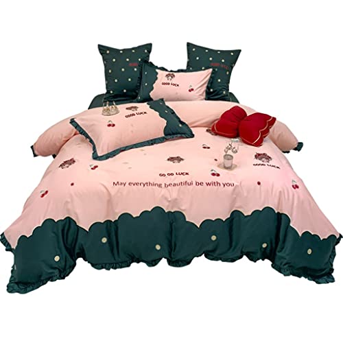 Slatiom Small Fresh Long-Staple Cotton Cherry Embroidery Four-Piece Korean-Style Ruffled Quilt Cover Pure Cotton Bedding (Color : Green 4-Piece Suit, Size : 1.5M) #TOP17