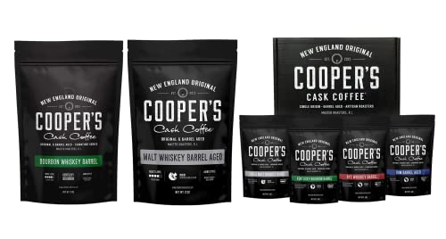 Single-Malt Whiskey Barrel Aged Coffee 12oz, Kentucky Bourbon Whiskey Barrel Aged Coffee 12oz, and Barrel Aged Coffee Whole Bean Pack of 4 Set - Bourbon, Malt, Rye, Rum Whole Coffee Beans 4oz