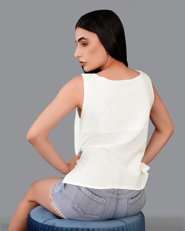 FRENCH CROWN Women's Bright White Striped Premium Cotton Crop Top (Size 36)