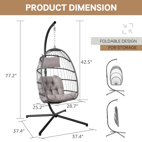 Yangming Hanging Egg Swing Chair with Stand and Weather Cover, Foldable for Indoor Outdoor, Wicker Rattan Basket with Cushion for Bedroom, Patio, Porch
