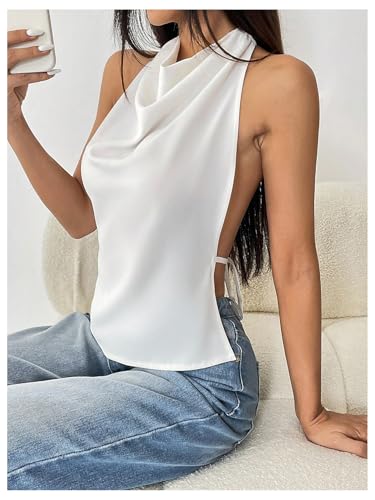 MakeMeChic Women's Halter Tops Open Back Sleeveless Satin Dinner Tops Tie Backless Fall Shirts3
