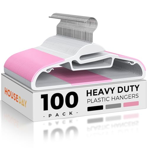 Image of HOUSE DAY Slim Plastic Hangers with Non Slip Rubber Pads, 100 Pack, Pink | Space saving closet organizer, heavy duty S-shape, rubber grip pads help keep shirts, suits, coats, pants, skirts in place