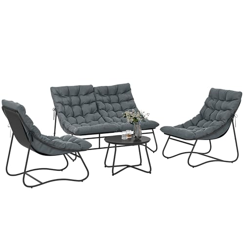 Outsunny Gartenmöbel Set 4 Personen wetterfest Balkonmöbel-Set mit 2er Sofa, Sessel Beistelltisch Sitzkissen Outdoor Sitzgruppe Stahl Terrassenmöbel Gartengarnitur für Garten Terrasse Balkon Grau