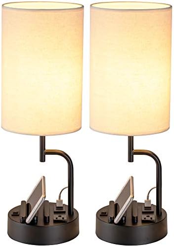 Dreamholder Table Lamp with 3 USB Charging Ports, Modern Desk Lamp with AC Outlet and Phone Stands, Perfect Bedside Lamp for Bedroom, Living Room, Office (Pack of 2)