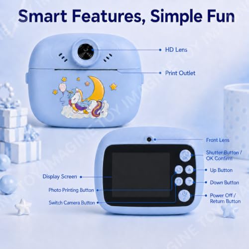 Image of Toy Imagine DIY Instant Digital Camera for Kids with Built-in Thermal Printer, Dual Lens, 2.4 inch Screen, Photo, Video, Games, Music, 5 Markers, 3 Paper Rolls, Lanyard & USB Charging Camera for Kids