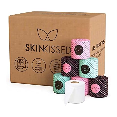 SKINKISSED - Super Soft & Eco Friendly Toilet Rolls | Box of 48 Double Length Rolls 4-Ply | Bamboo Tissue Paper | Strong & Sustainable Loo Roll | Hypoallergenic, Plastic-Free Cover
