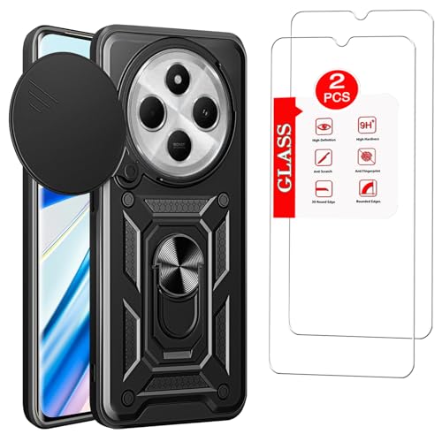 Anvzle for Xiaomi Redmi 14C Case with [2 Pack] Tempered Glass Screen Protector, for Redmi 14C [Military-Grade] Protective，with Lens Protects Magnetic Kickstand Car Mount Holder Case