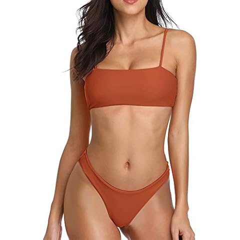 Dixperfect Women's Fashion Two Pieces Swimsuits Bandeau Top Bikini Sets with Cheeky Cut Bottom (XL, Rust) Cover
