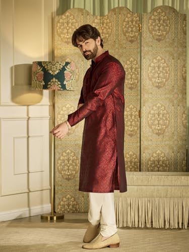 Image of Sojanya (Since 1958 Men's Red Jacquard Silk Kurta & Churidaar Pyjama