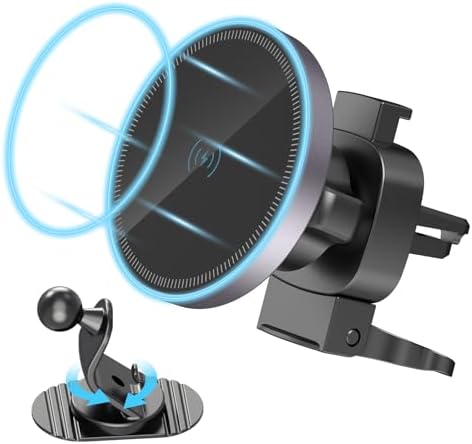 Car Mount Charger-15W Fast Charging Wireless Car Charger-Magnetic Car Phone Holder for Dashboard Air Vent - Rotation 360° & HandsFree