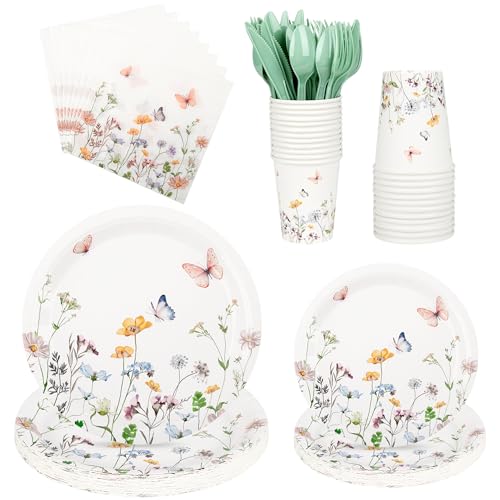 175 Pcs Wildflower Paper Plates and Napkins 25 Guests Spring Summer Floral Arrangements Tableware Party Supplies Set for Mothers Day Baby Shower Wedding Birthday Garden Tea Party