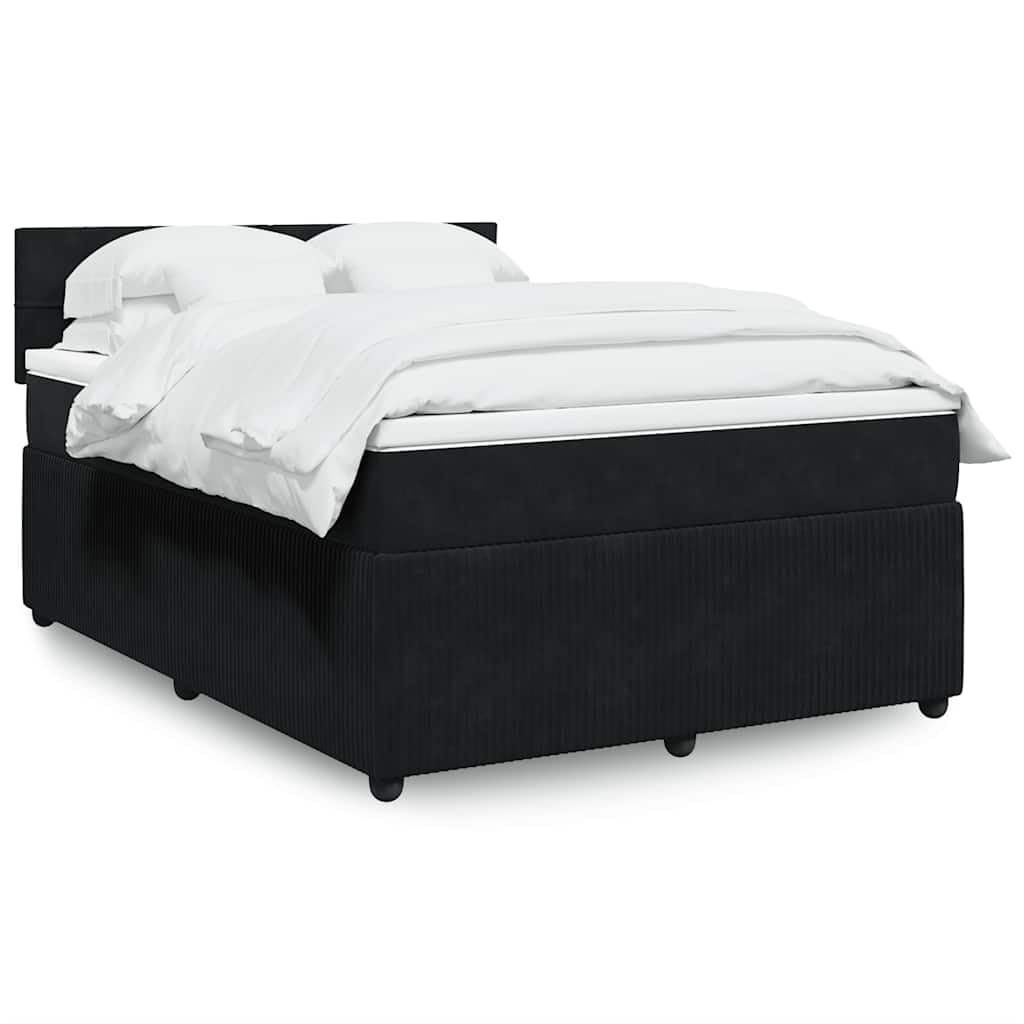 Aksamitne łóżko sprężynowe Upholstered Box z mattressą, czarne, 140 x 200 cm, Medium Firm Pocket Spring Mattress & Washable Topper, solidne nogi z drewna sosnowego dla optymalnego wsparcia