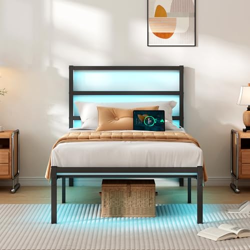 CLIBFENG Twin Bed Frame with Headboard,Heavy Duty Steel Slats Support-LED