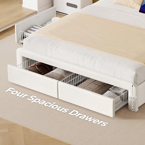 Seventable Queen Bed Frame with 4 Storage Drawers & Charging Station, Upholstered Platform Bed Frame Queen Size with Storage Headboard & LED Light, No Box Spring Needed, Easy Assembly, White by Seventable - Image 5