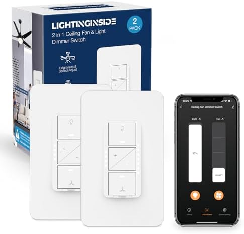 Smart Ceiling Fan Control and Light Dimmer Switch, Compatible with Alexa/Google Assistant/Smart Life, Neutral Wire Required, Single Pole Fan Light Switch, 2.4G Wi-Fi only, Timer, No Hub Required, 2PCS