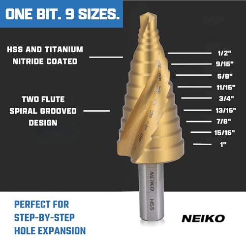 Image of NEIKO 10623A Step Drill Bit, 9 Steps 1 /2 inch to 1 inch Spiral High Speed Steel, Titanium Nitride Coated, 3 /8 inch Tri Flat Step Bits for Steel, Metal, Wood, Plastic, Unibit Cone Drill Bits, Two Flute