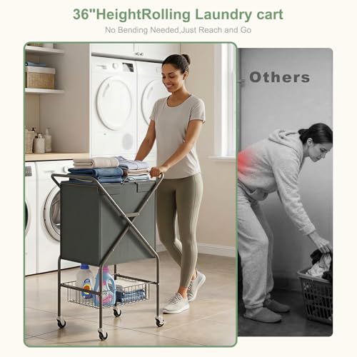Image of Laundry Basket with Wheels:88L Rolling Laundry Cart Foldable Metal Frame Dirty Clothes Laundry Hamper 36 inchH 4 Caster 2 Brake Waterproof Removable Liner Carry Handle for Dorm Laundry Room,Gray