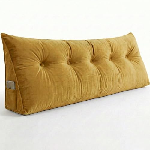 Image of Luxury Velvet Tufted Wedge Pillow with Side Pocket - Soft Headboard Back Support Cushion for Bed, Sofa & Floor Seating - Golden Color