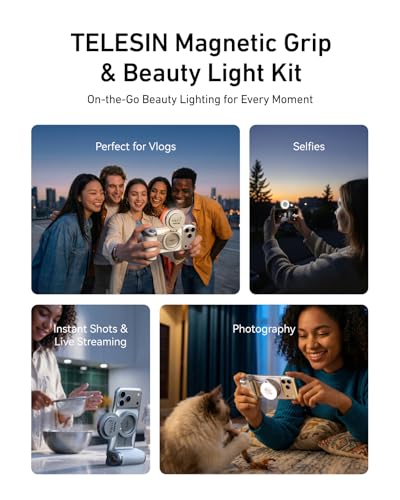 Image of TELESIN Pro Shot Imaging Grip + Beauty Selfie Flash Light Bundle Kit | DSLR Style Feel, Ergonomic Grip, Strong Magnetic Hold | MagSafe Creator Kit for iPhone & Android | for Selfie, YouTube, Zoom Call