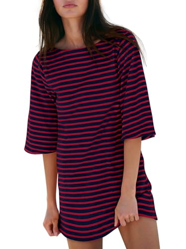 Image of Yousify Women's T Shirt Dress Cotton Summer Dresses 2026 Casual Loose Short Sleeve Striped Mini Dress with Pockets