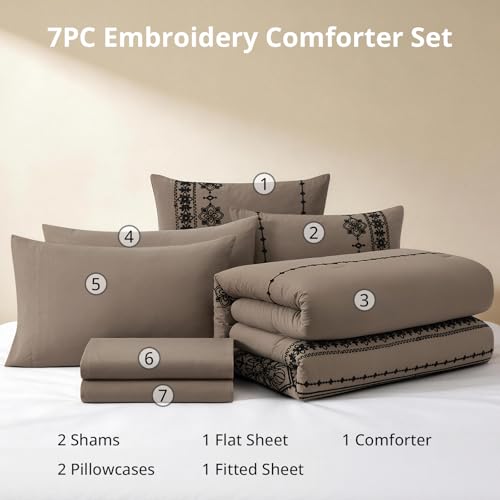 Image of MaiReve Full Size Comforter Set Embroidery Floral 7 Pieces Bed in a Bag