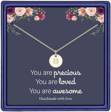 Hidepoo Letter Initial Necklaces for Girls - 14K Gold Filled Letter Pendant Disc Initial Necklace Personalized Alphabet Disc Double Side Engraved Hammered Letter Necklace for Women Teen Girl Pendant B