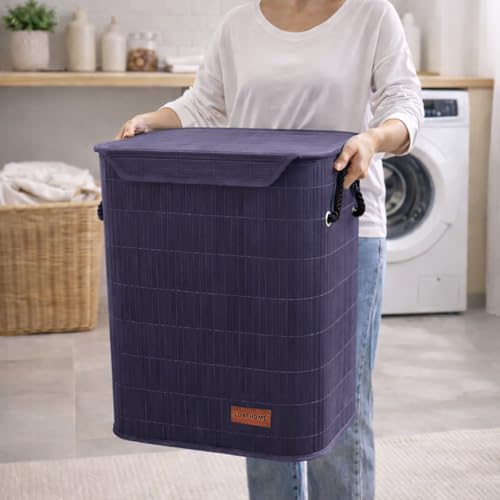 Image of Luxe Home Laundry Basket for Clothes, Premium Bamboo Big Storage Bag with Lid and Side Handle Multipurpose Used In Laundry Rooms, Bedrooms, Bathrooms (40x30x50 cm, Navy)