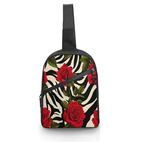 Red Roses on Zebra Background Chest Bag Foldable Crossbody Unisex Pack Travel Hiking Adjustable Shoulder Straps Sling Bags