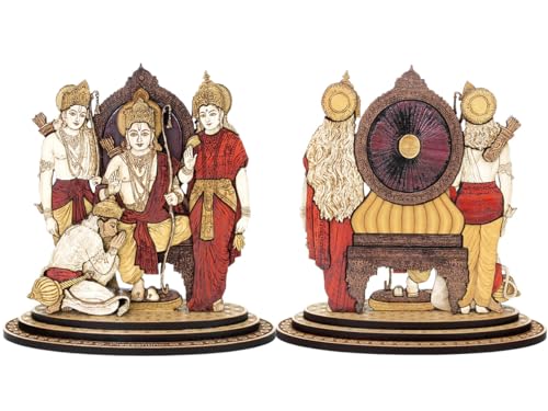 PLEASANTINO - 4 Inch Ram Darbar Wood Carved Statue in Exotic Hard Woods - Multi Layered Hand Made Wooden Ram Ji Family Wooden Idol with Hanuman for Car Dashboard, Home, Office, and Travel
