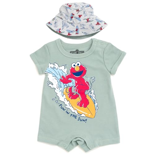 Image of Sesame Street Elmo Cookie Monster Big Bird Romper and Bucket Sun Hat Newborn to Toddler