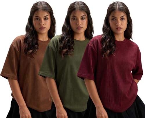 Image of RodZen Women Half Sleeve Polycotton Rib Textured Oversized Tshirt|Drop Shoulder|Loose Fit Tshirt|Stretchable