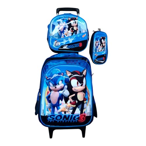 Kit Mochila do Sonic 3 em 3D Alto Relevo com Rodinhas + Lancheira Térmica + Estojo Escolar Infantil