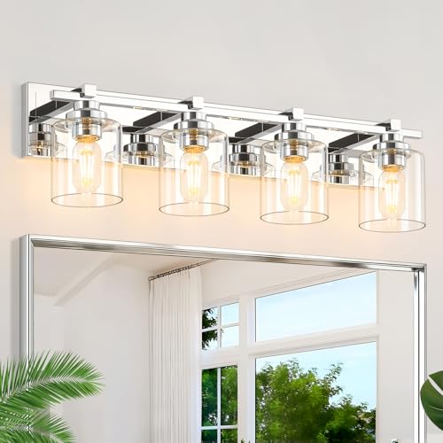 BrkNit Modern Bathroom Light Fixtures Over Mirror, Vanity Lights for Bathroom Wall Sconces with Clear Glass Shades, E26 Socket (Bulbs Not Included), 4 Light, Chrome