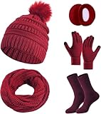 Set de Bufanda, Gorro y Guantes para Mujer de Invierno con Pantalla Táctil - Incluye Orejeras y Calcetines de Forro Polar,...